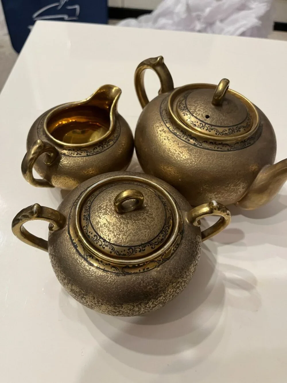 Vintage 3-Piece Japanese Encrusted Weeping Gold Porcelain Tea Set -